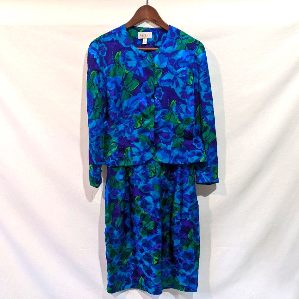 Vintage 100% Silk Papéll Petites Bold Blue and Green Set Size 12 Medium